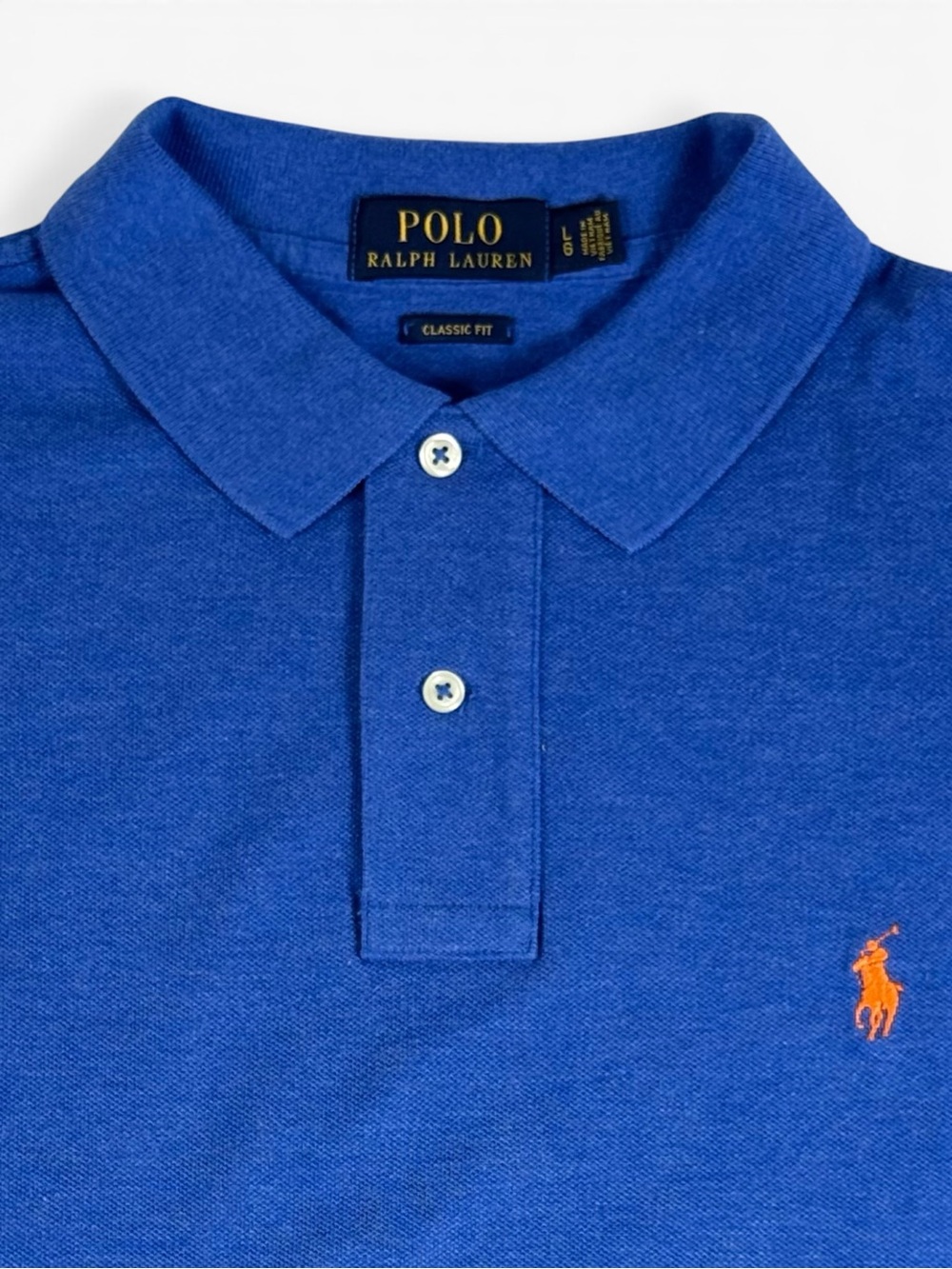 Polo Ralph Lauren Mens L Classic Fit Blue Cotton Polo Shirt Orange Pony - Picture 3 of 10